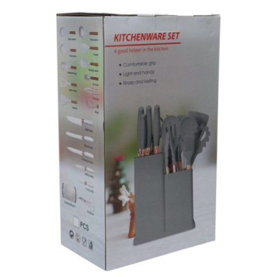 Набор кухонных принадлежностей и ножей Kitchenware Set на подставке 19 предметов (0357) (Серый)