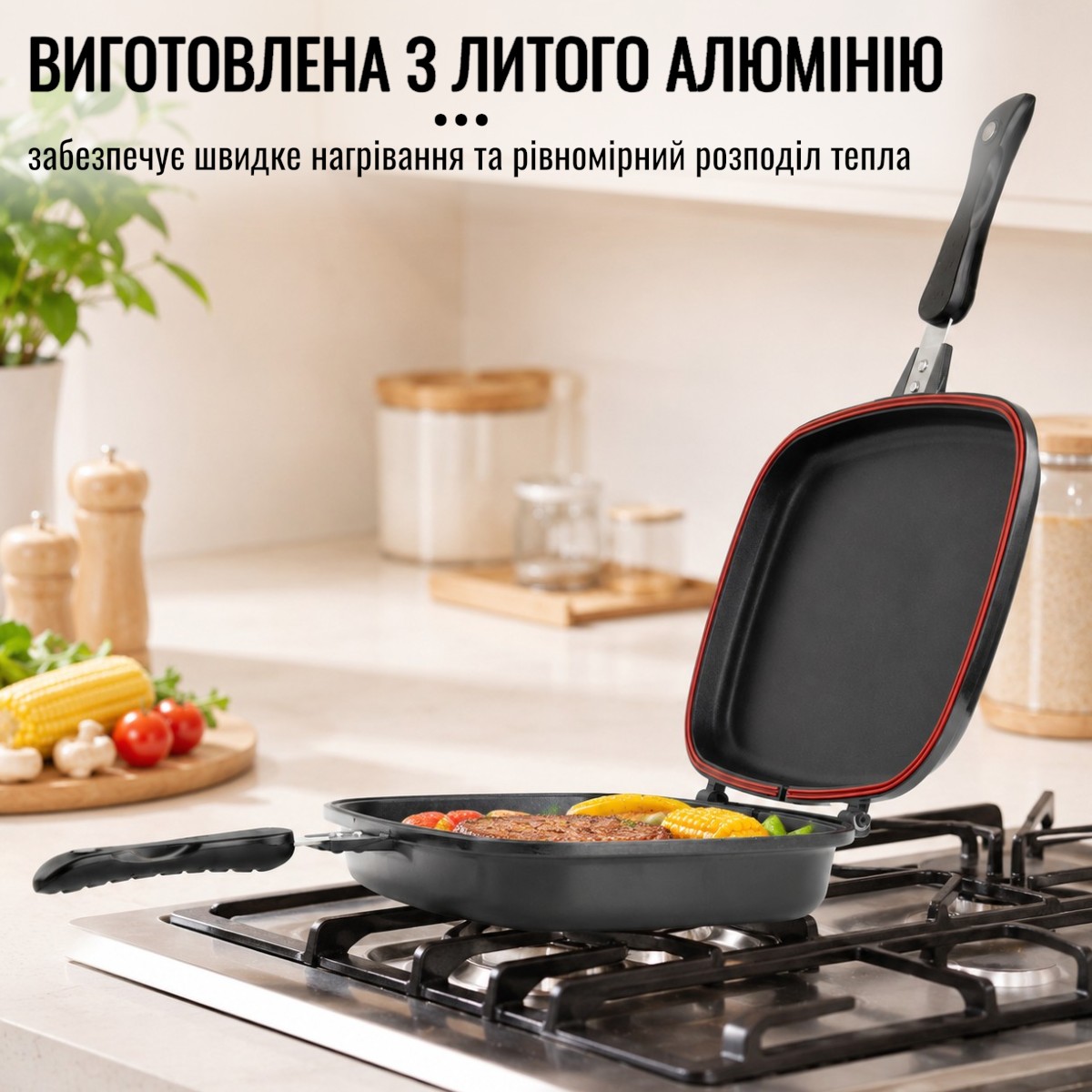 Сковорода двухсторонняя для гриля и жарки A-PLUS двойная гриль-сковорода с магнитным замком 30 см