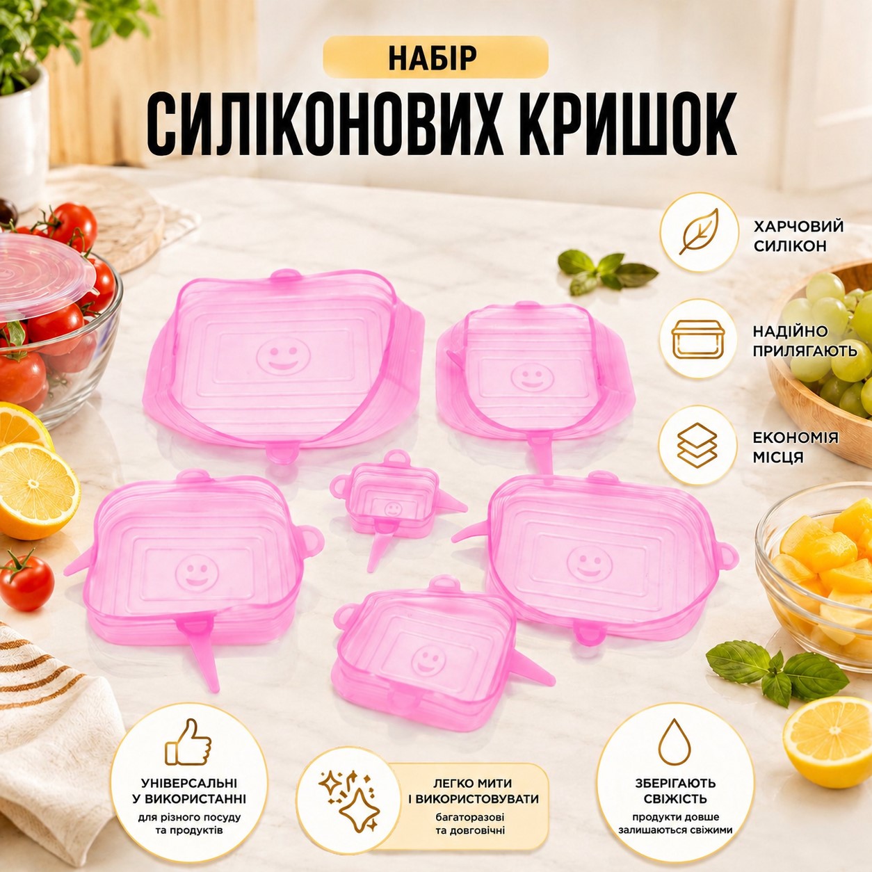 Набор силиконовых крышек для продуктов и посуды SILICON CAP многоразовые, универсальные 6 шт