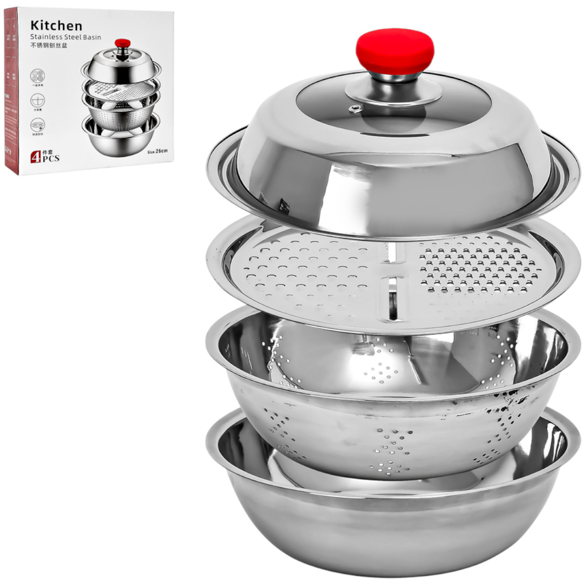 Багатофункціональний кухонний набір миска, друшляк, терка, кришка Kitchen з нержавіючої сталі 4 в 1