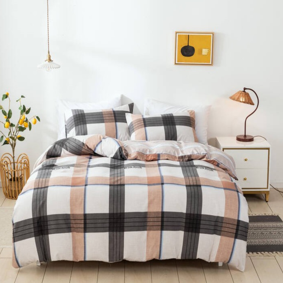 Комплект постільної білизни полуторний ZMW "Home Textiles" (37469) Сіро-жовтогаряча клітка