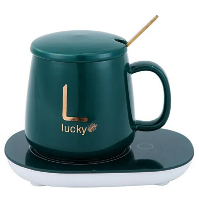 Чашка с подогревом на подставке Lucky керамическая чашка с крышкой 400 мл (Зелёный)