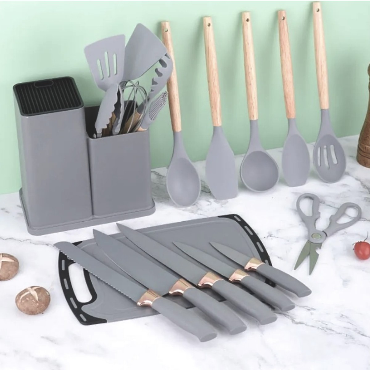 Набор кухонных принадлежностей и ножей Kitchenware Set на подставке 19 предметов (0357) (Серый)