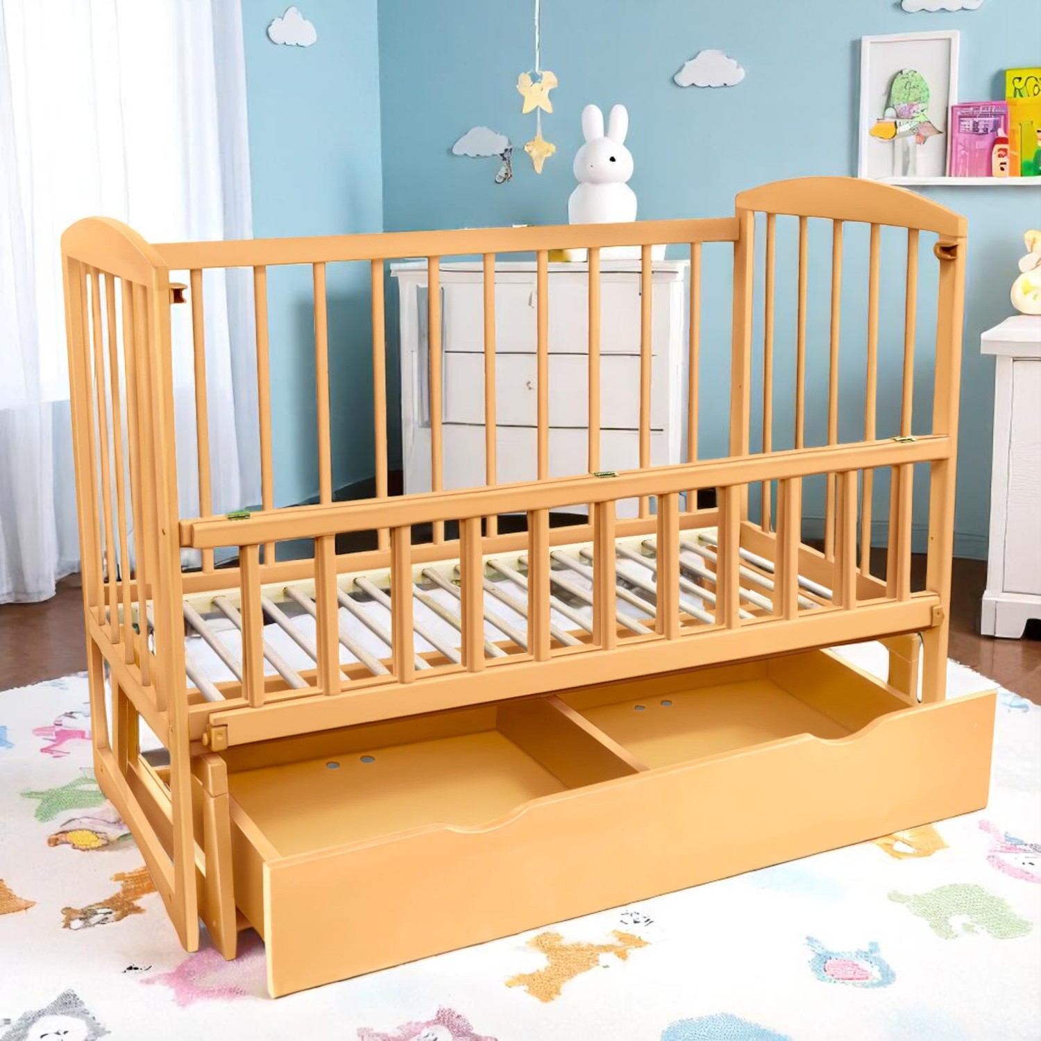 Кроватка детская маятник откидной борт + ящик TOYS "Няша" Светло-коричневая