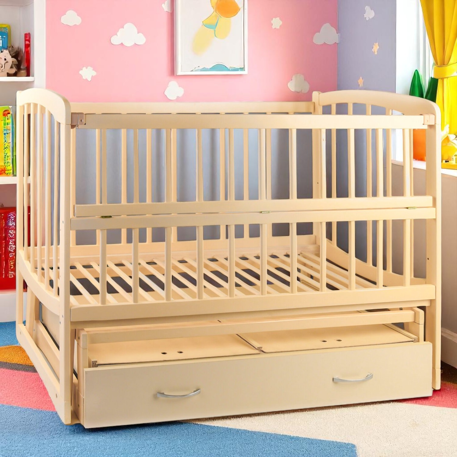Кроватка детская маятник откидной борт + ящик TOYS "Комета" Слоновая кость