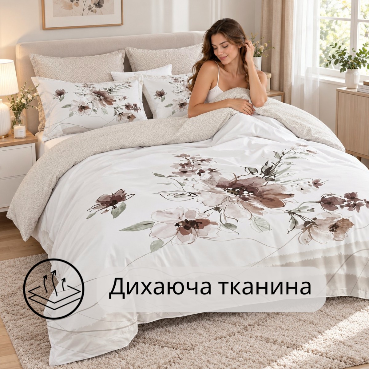 Комплект постільної білизни Євро KOLOCO бавовна (42560) Коричневі квіти