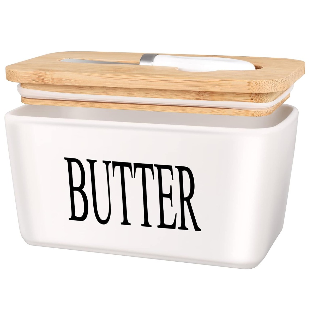 Масленка керамическая BUTTER с бамбуковой крышкой и ножом для масла (0480) (Белый)