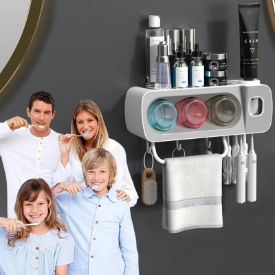 Диспенсер для зубной пасты с держателем зубных щеток Toothbrush Holder  (Серый)