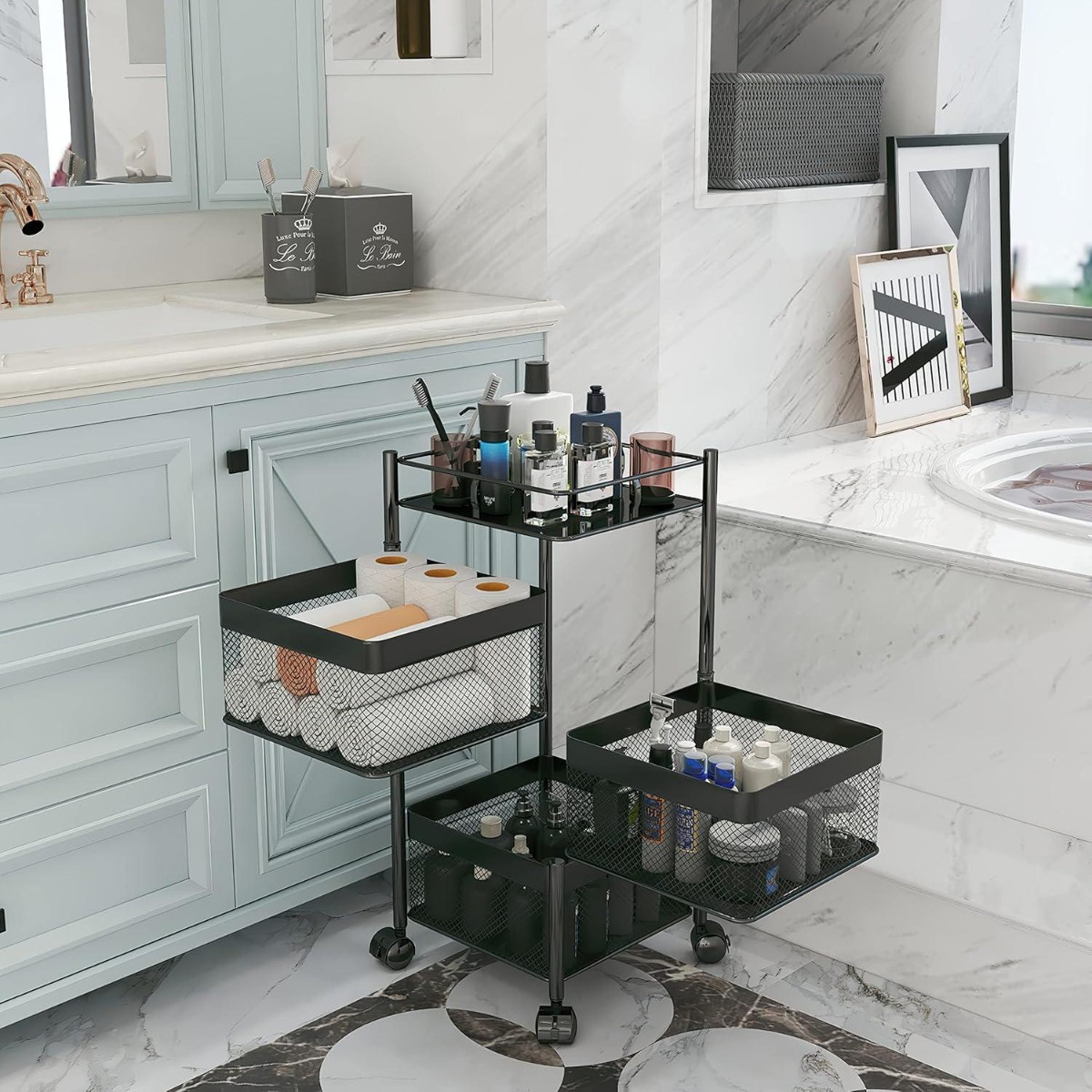 Этажерка на колесах Modern Home "Cube" 3 яруса 27 х 65 см (R100111-BL) Черная