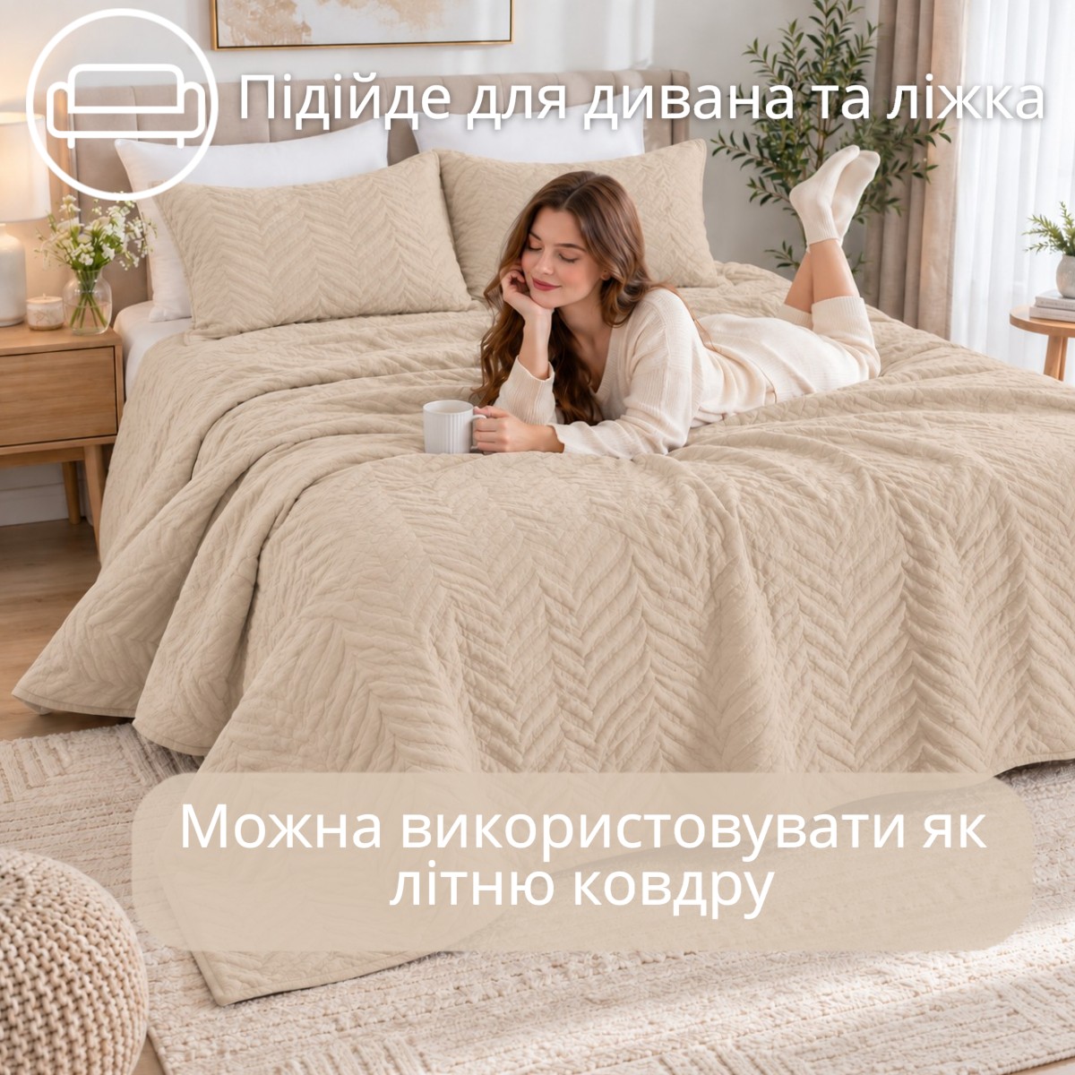 Покривало бавовняне стьобане Євро KOLOCO "Ялинка" 220 х 240 см + 2 наволочки (43342) Бежевий