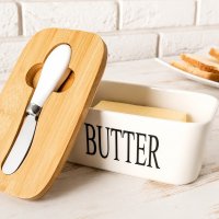 Масленка керамическая BUTTER с бамбуковой крышкой и ножом для масла (0480)