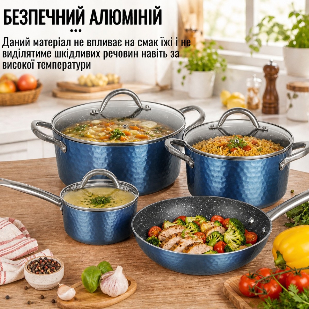 Набор посуды A-PLUS 7 предметов кастрюли, ковш, сковорода с антипригарным мраморным покрытием (3015) (Синий)