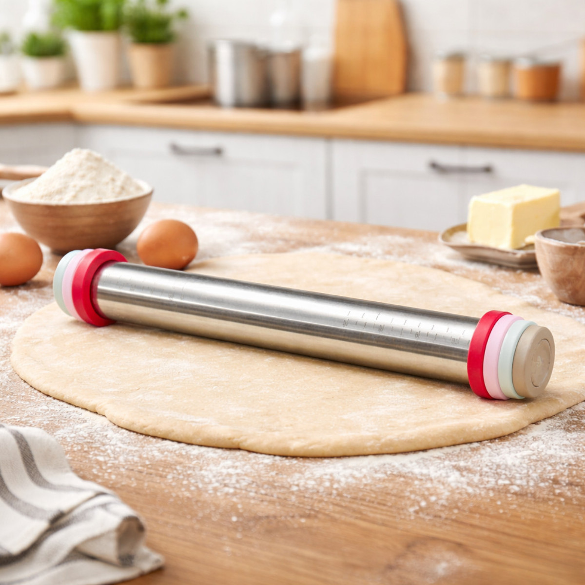 Качалка для тіста металева з кільцями для регулювання товщини Rolling Pin 35.5 см (R41022)