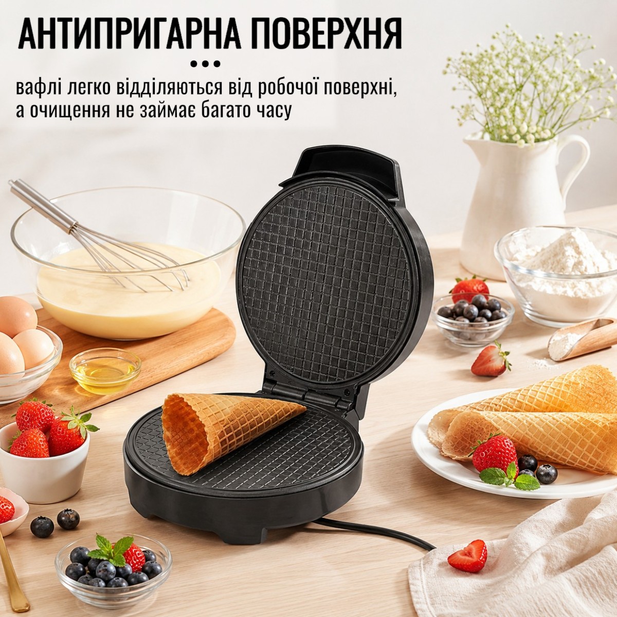 Вафельниця електрична Domotec електровафельниця для тонких вафель та трубочок (MS-7710)