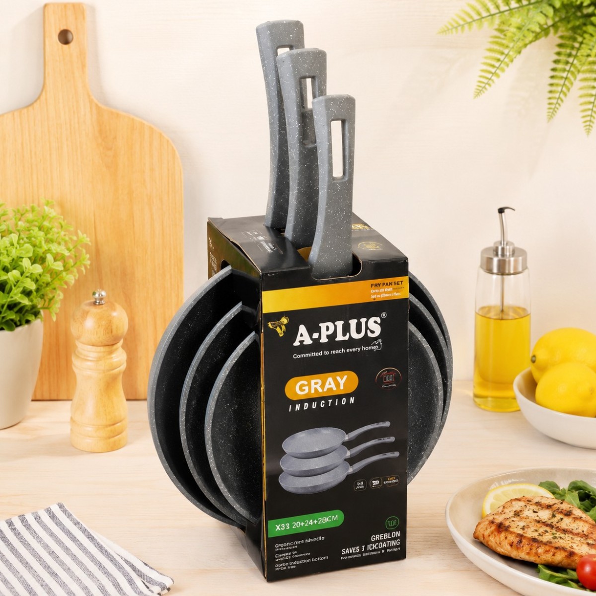 Набор сковородок A-PLUS 3 шт (FP-1741) С мраморным покрытием (Серый)