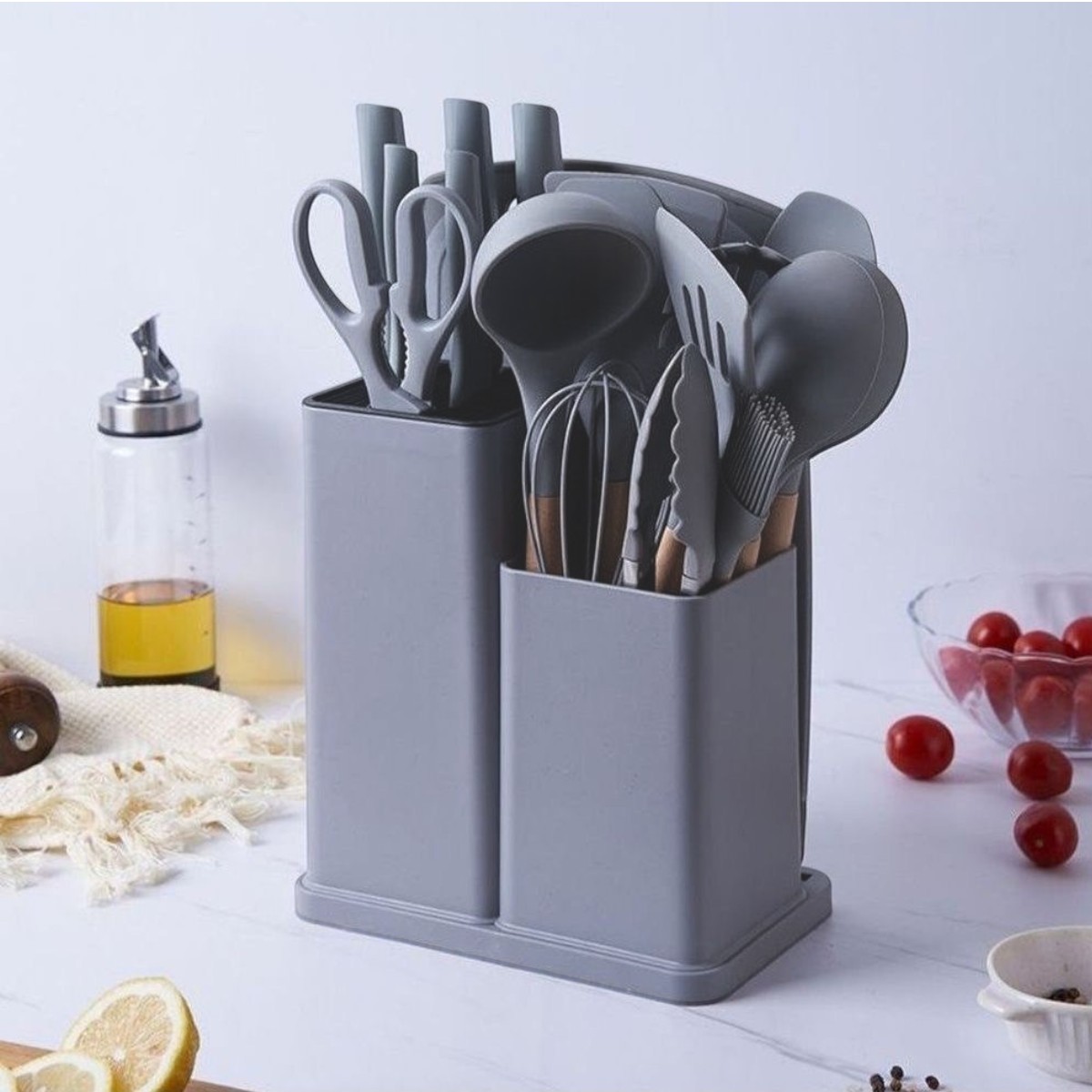 Набор кухонных принадлежностей и ножей Kitchenware Set на подставке 19 предметов (0357) (Серый)