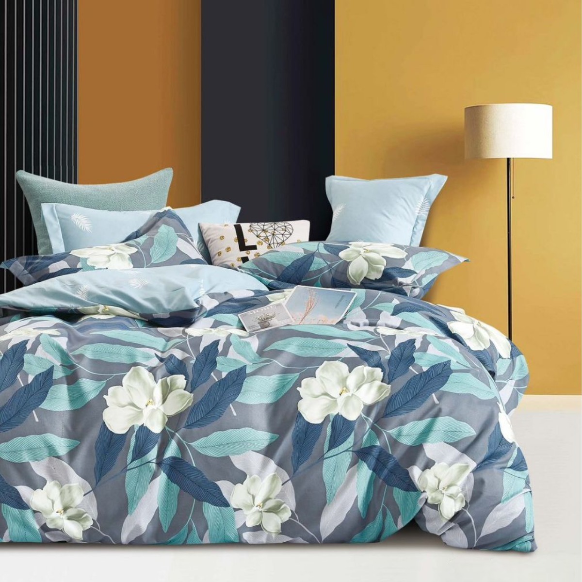 Комплект постільної білизни двоспальний ZMW "Home Textiles" (37431) Синьо-блакитне листя+квіти