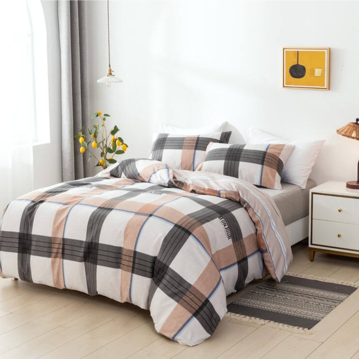Комплект постільної білизни полуторний ZMW "Home Textiles" (37469) Сіро-жовтогаряча клітка
