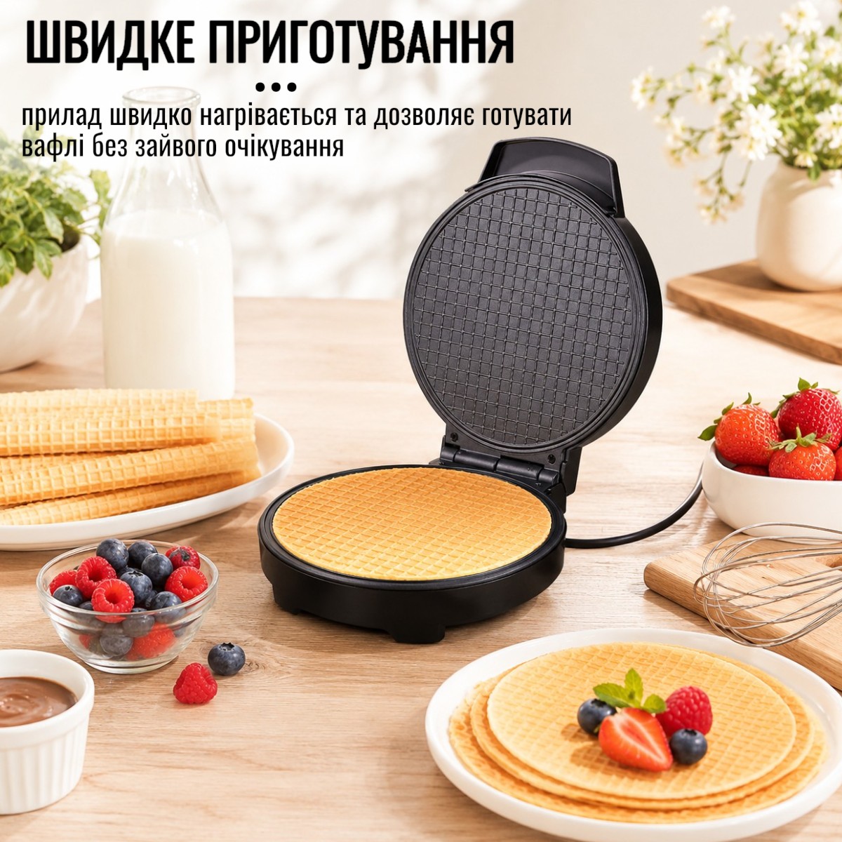 Вафельниця електрична Domotec електровафельниця для тонких вафель та трубочок (MS-7710)