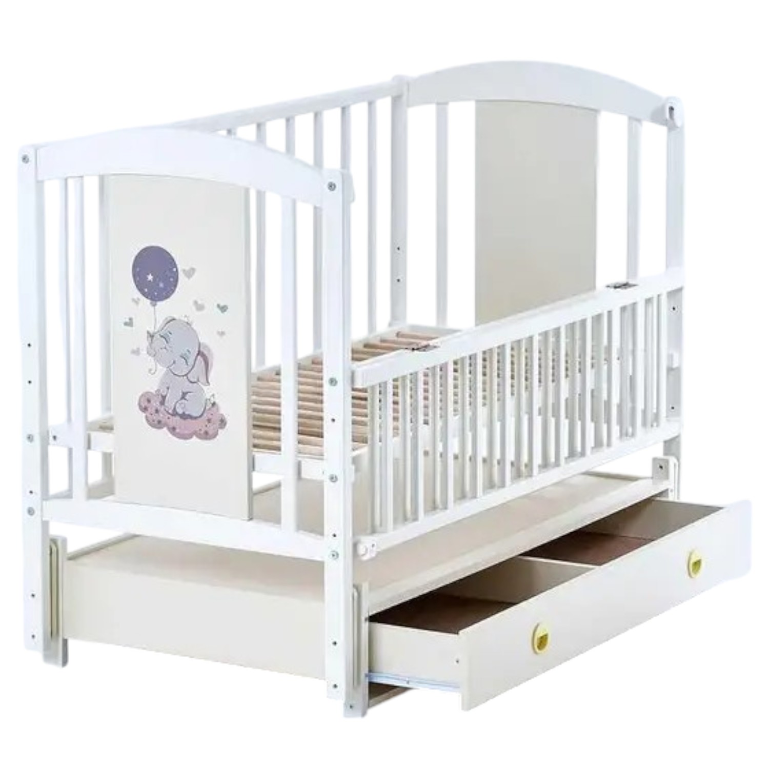 Кроватка детская маятник с откидным бортиком + ящик ТМ Кузя ЛИЛИ "Слоник" Слоновая кость