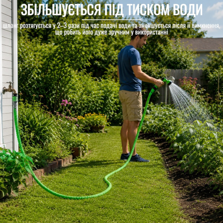 Шланг для поливу розтяжний Хhose у розтягнутому стані 15 м Зелений