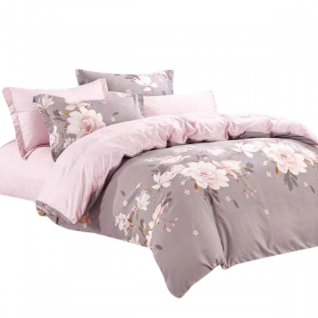Комплект постільної білизни двоспальний ZMW "Home Textiles" (37631) Рожеві квіти на сірому