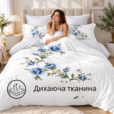 Комплект постільної білизни Євро KOLOCO бавовна (38616) Сині квіти 