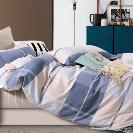 Комплект постільної білизни полуторний ZMW "Home Textiles" (37461) Сині+Бежеві квадрати