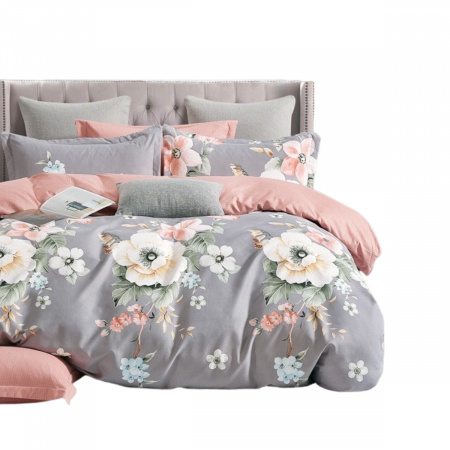 Комплект постільної білизни двоспальний ZMW "Home Textiles" (37405) Бежеві квіти на сірому